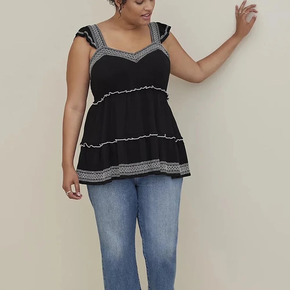 Torrid Top 4X 5X 6X Black Embroidered Tiered Babydoll Ruffle Gauze Boho Plus NEW